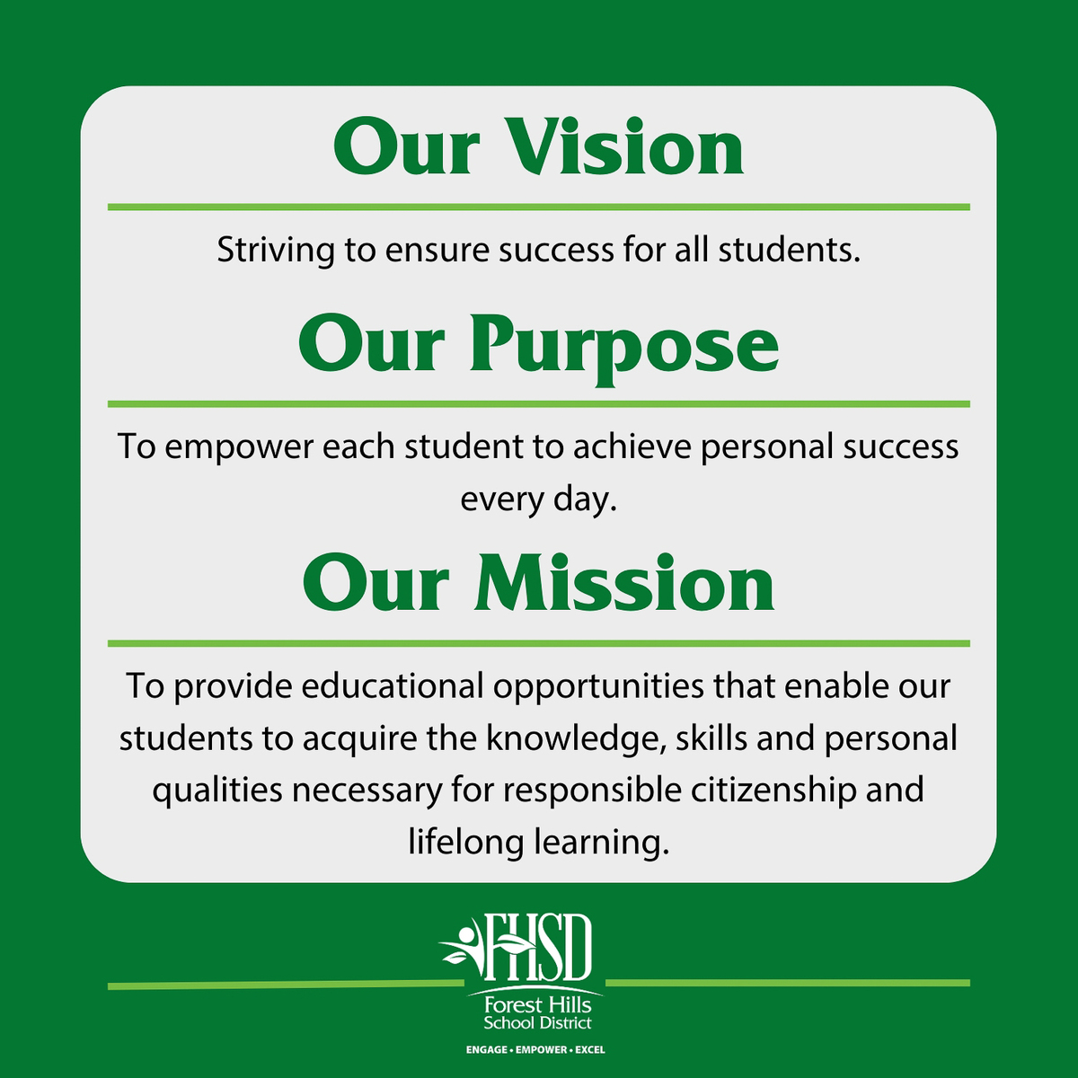 Graphic that includes the Vision, Purpose and Mission statements for FHSD.